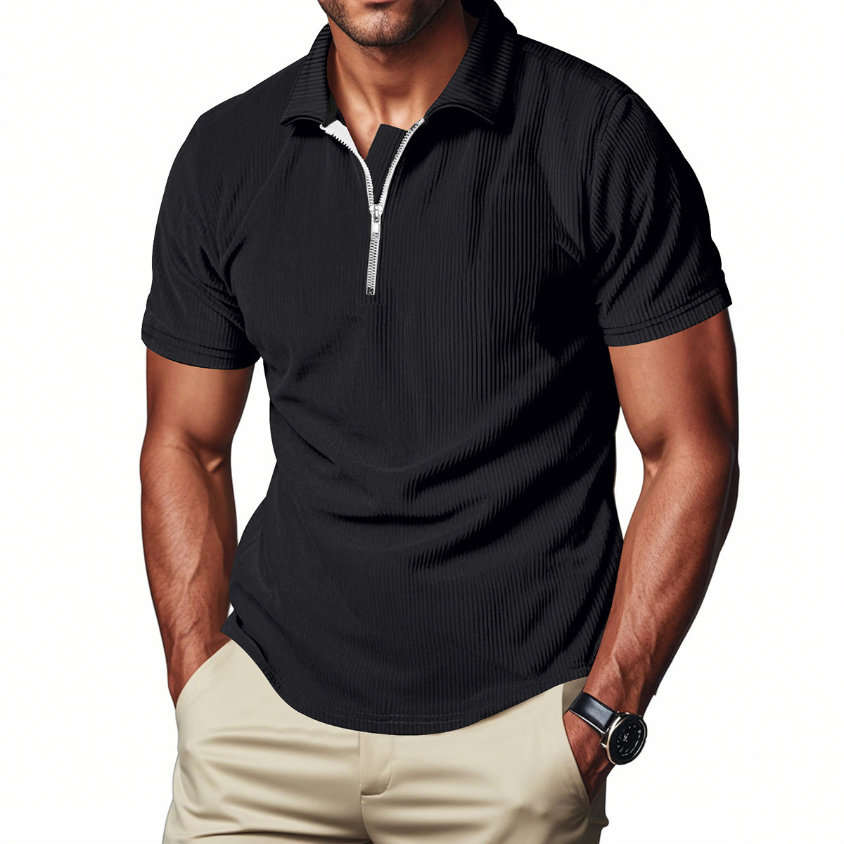 Herren Polo Cord Kurzarm Sommer T-Shirt Schwarz