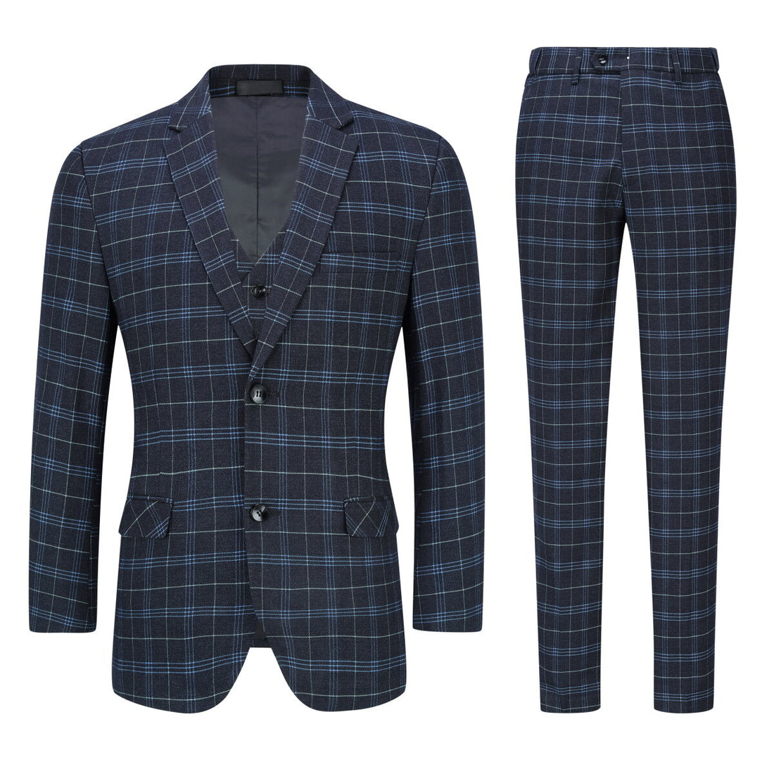 Mens 3-Piece Slim Fit Vintage Plaid Black Suit