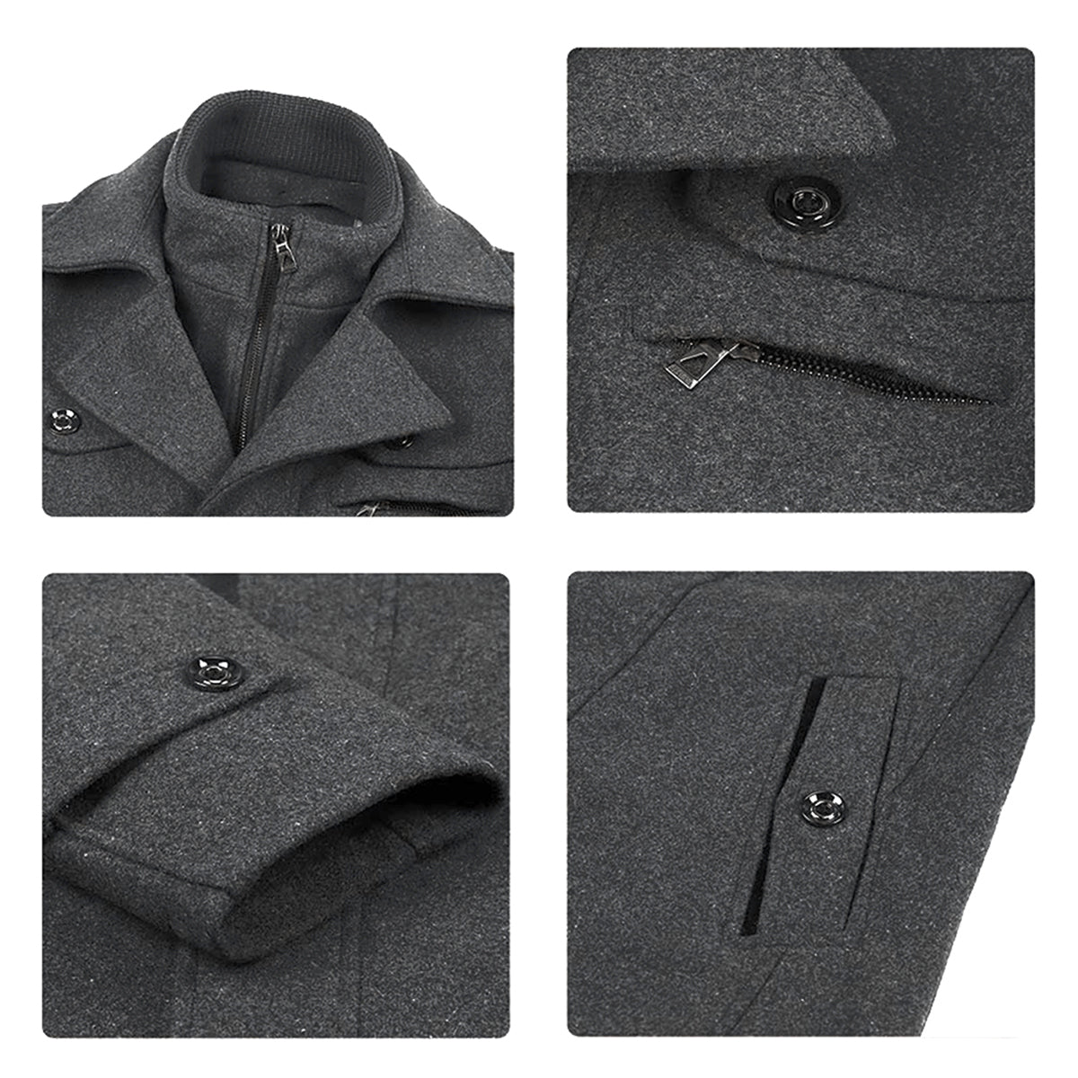 Men’s Solid Color Thick Double-Layer Collar Casual Overcoat Gray