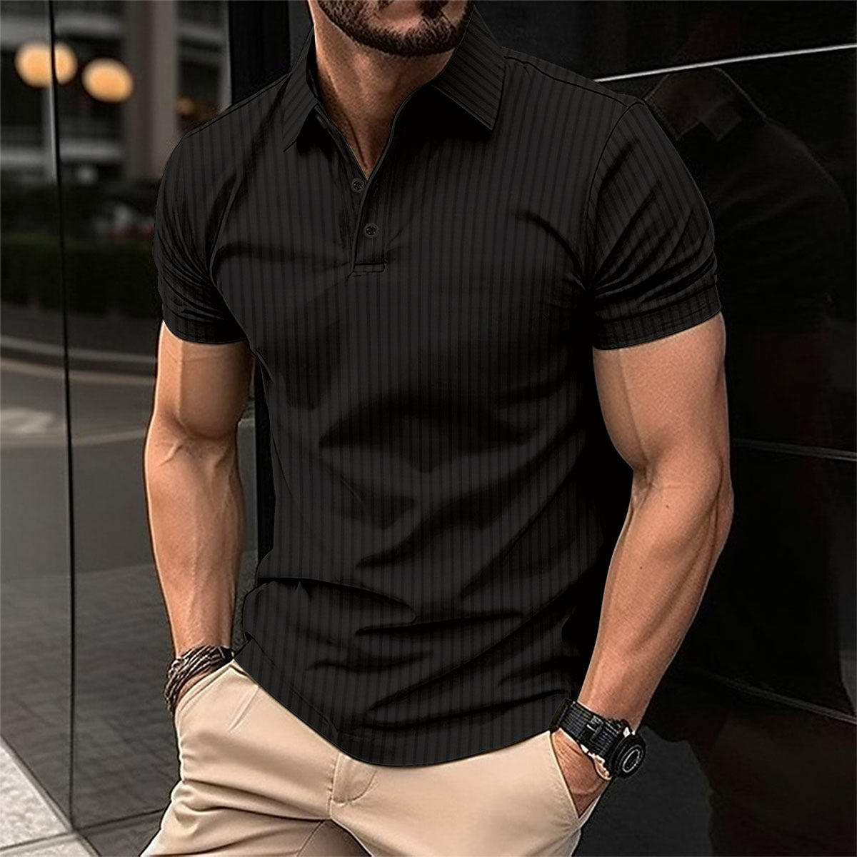 Herren Poloshirt mit Streifenmuster, kurzärmelig, Schwarz