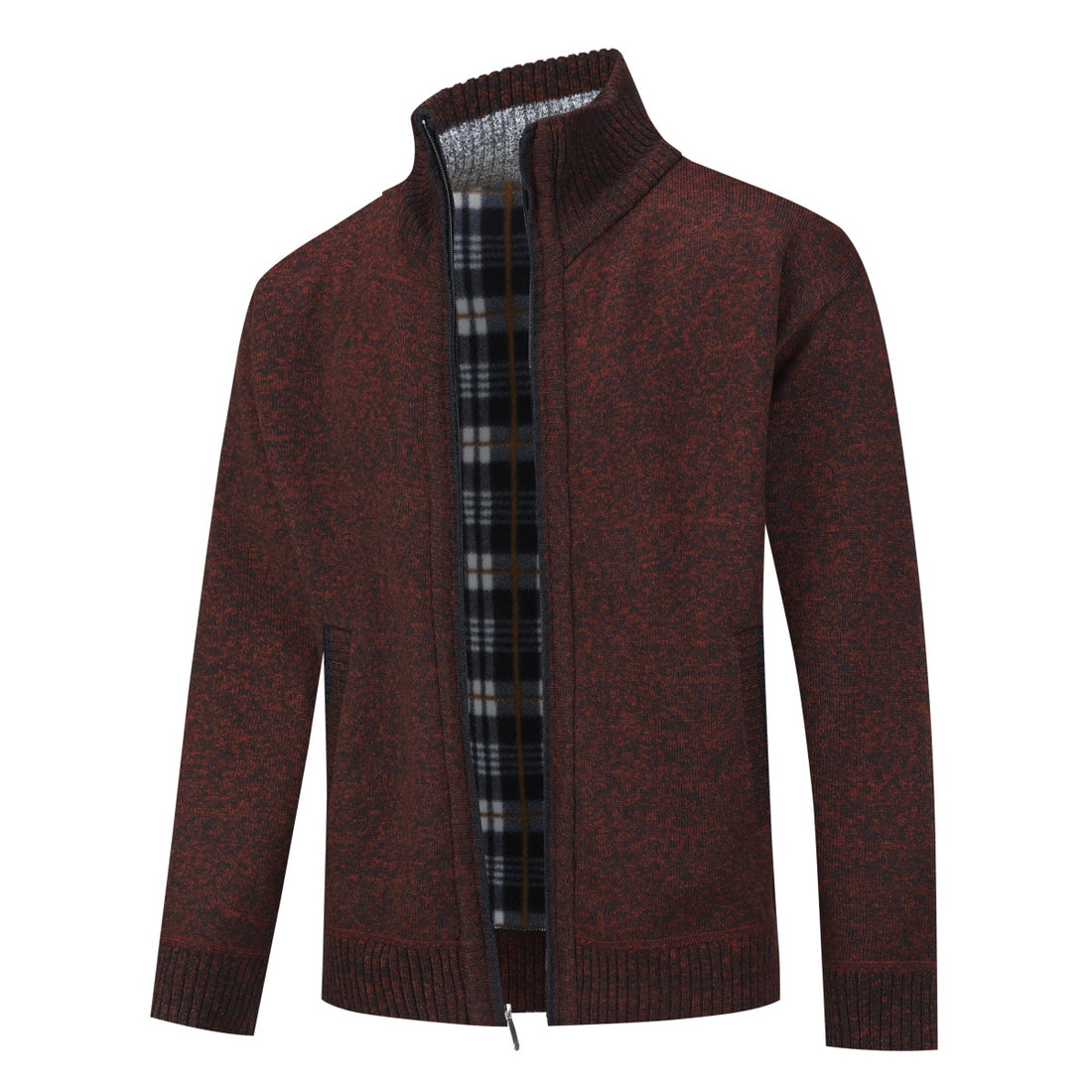 Mens Solid Color Stand Collar Long Sleeve Cardigan Wine Red