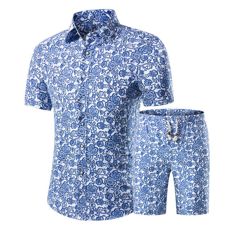 Mens 2-Piece Hawaii Print Style Summer Suit Blue