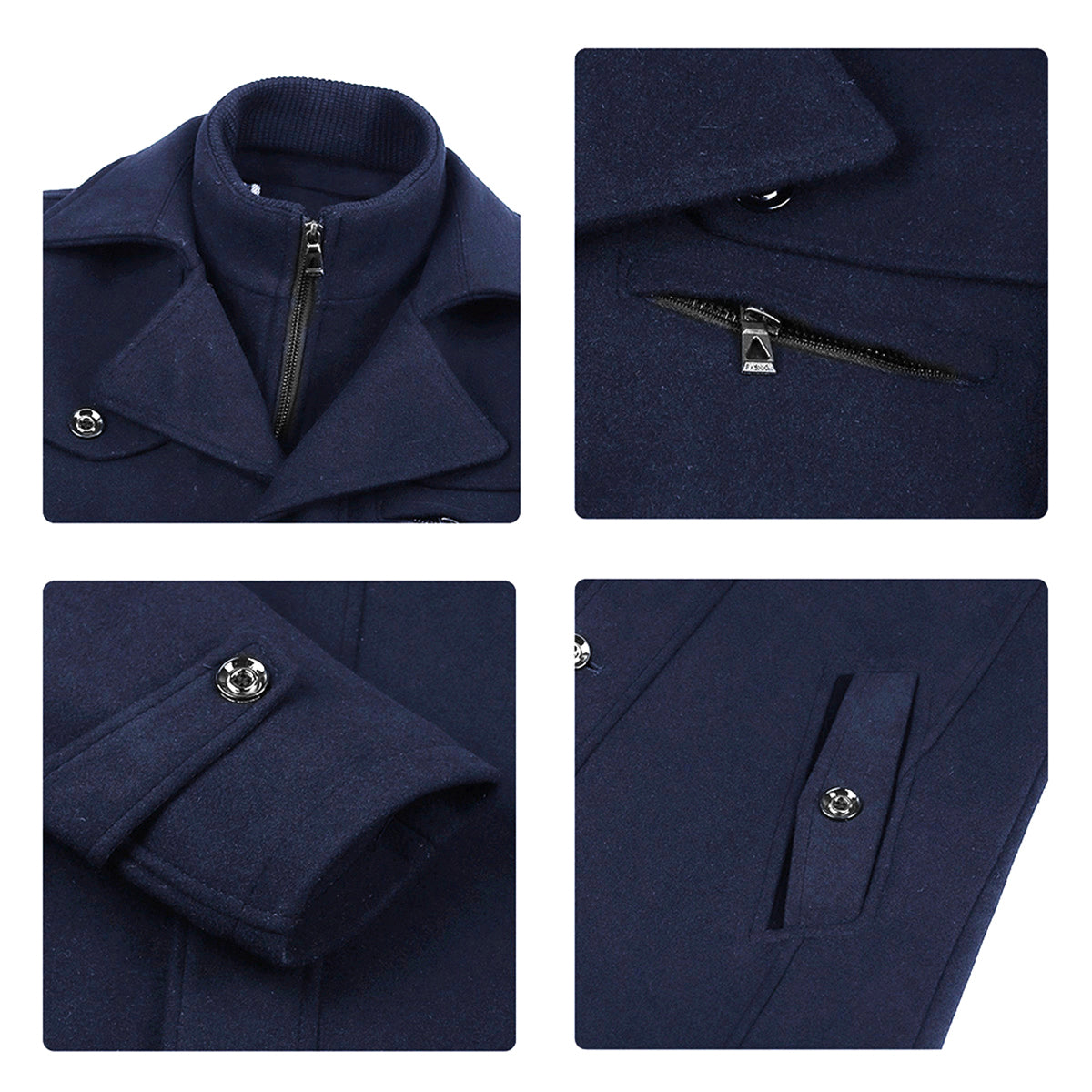 Men’s Solid Color Thick Double-Layer Collar Casual Overcoat Navy