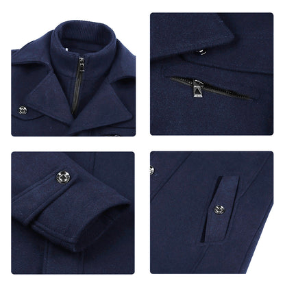 Men’s Solid Color Thick Double-Layer Collar Casual Overcoat Navy