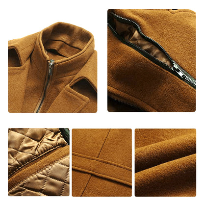 Men’s Solid Color Thick Double-Layer Collar Casual Overcoat Bronze