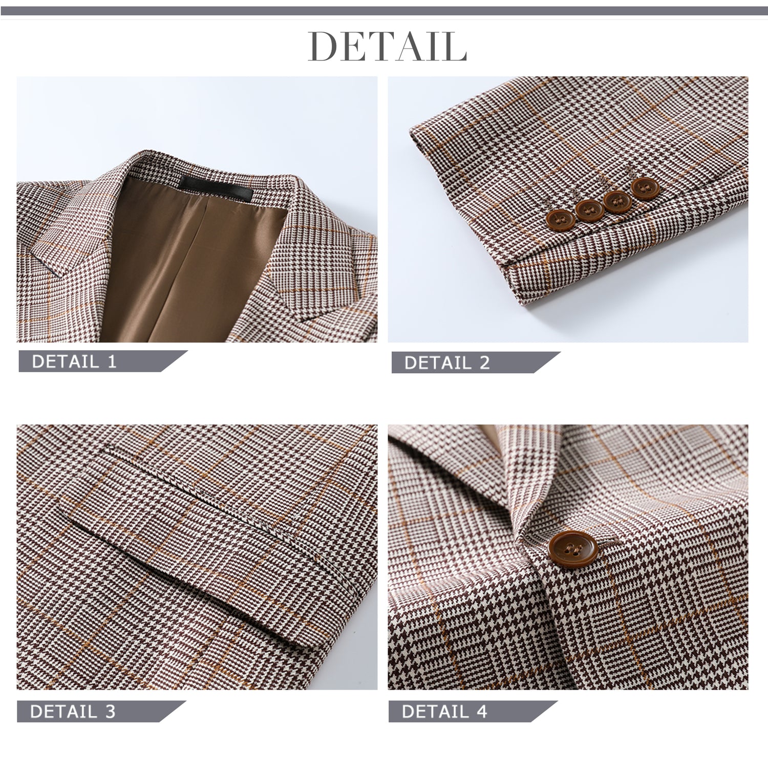 3-Piece Suit Plaid Design Suit Coffee