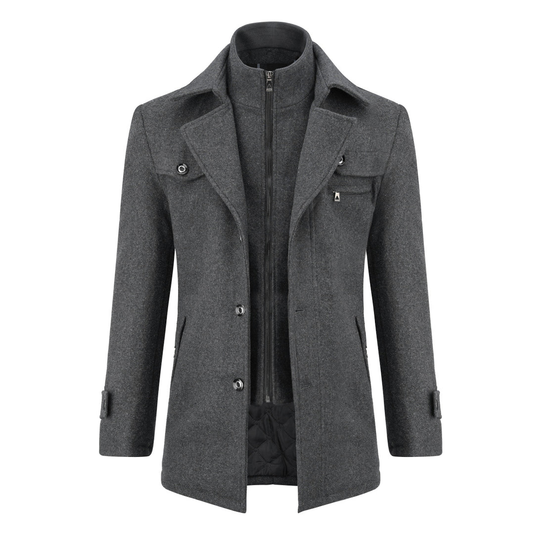 Men’s Solid Color Thick Double-Layer Collar Casual Overcoat Gray