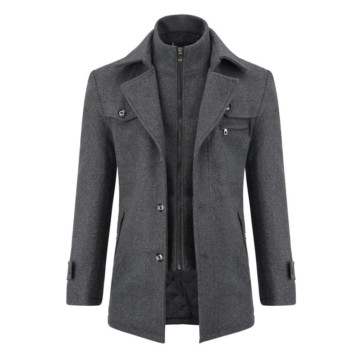 Men’s Solid Color Thick Double-Layer Collar Casual Overcoat Gray