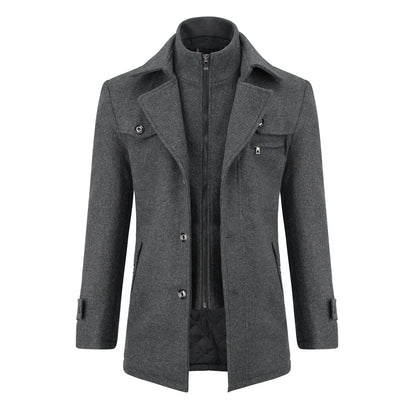 Men’s Solid Color Thick Double-Layer Collar Casual Overcoat Gray