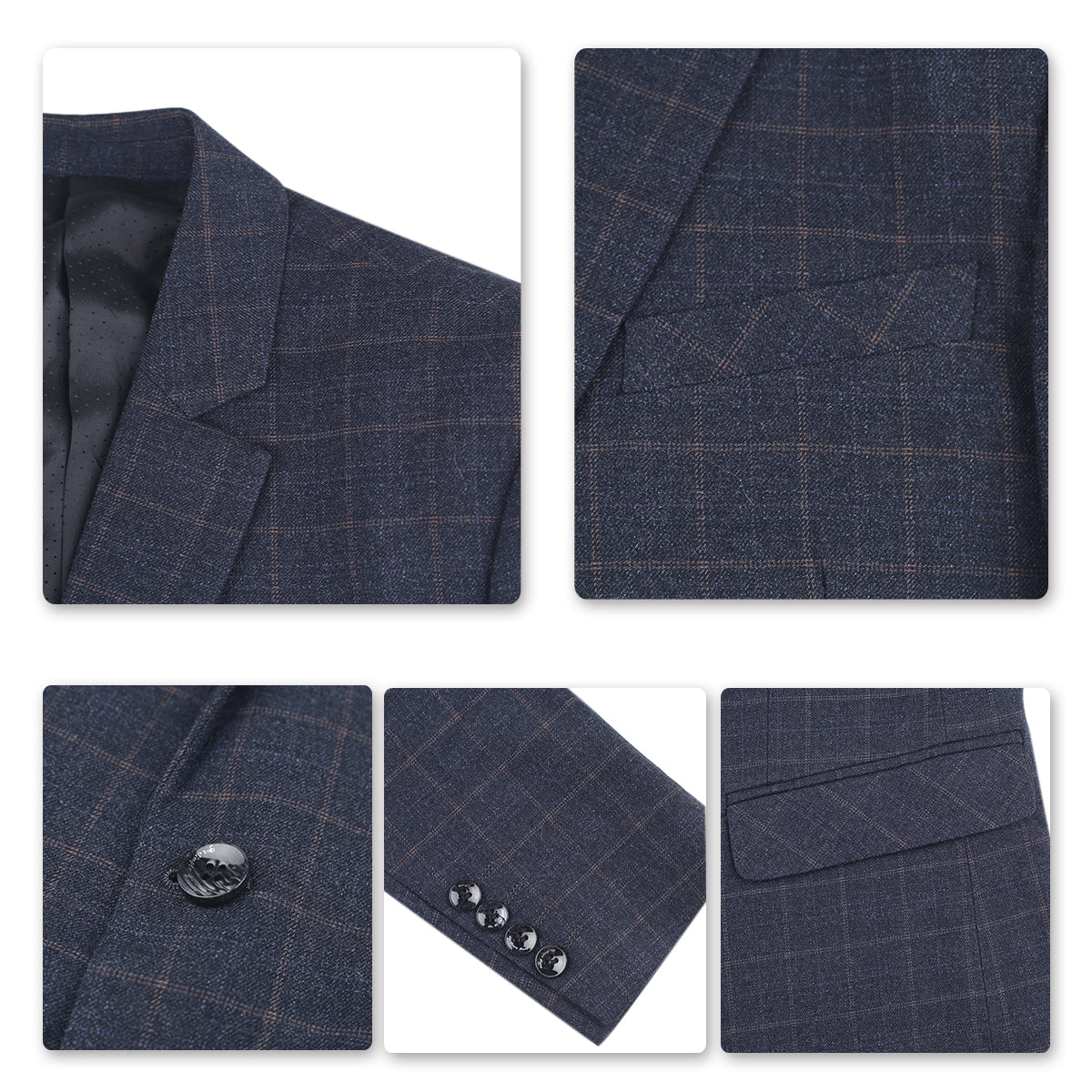 Mens 3-Piece Dark Grey Plaid Two Button Slim Fit Suit