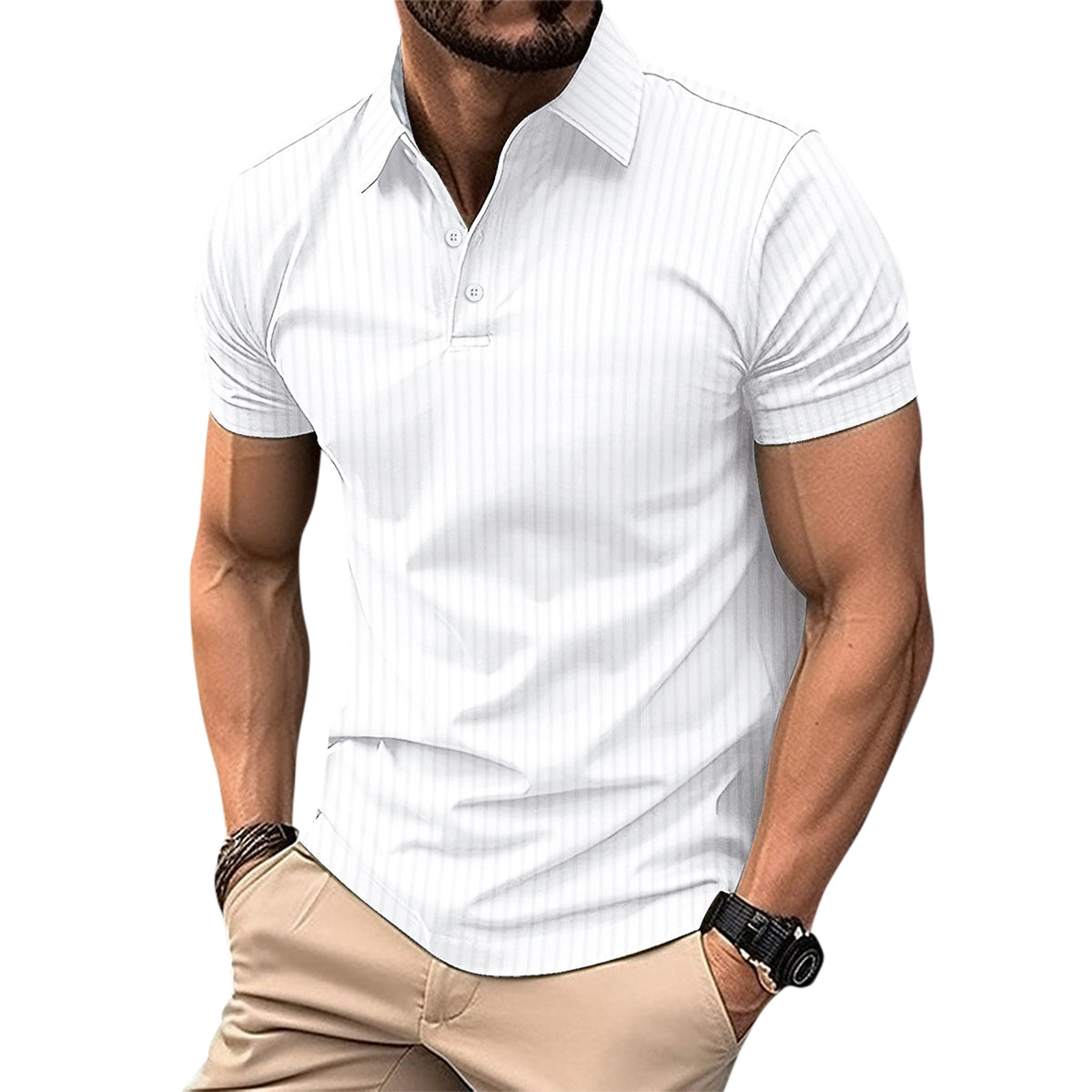 Herren Poloshirt mit Streifenmuster, kurzärmelig, Weiß