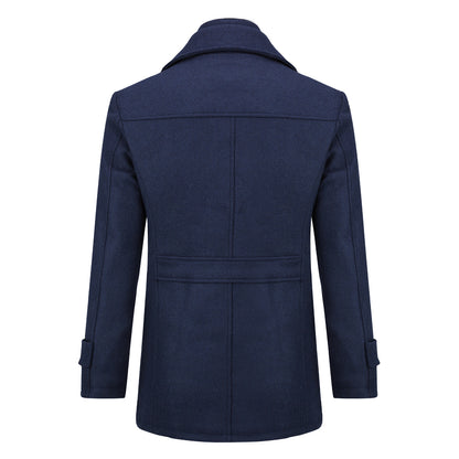 Men’s Solid Color Thick Double-Layer Collar Casual Overcoat Navy