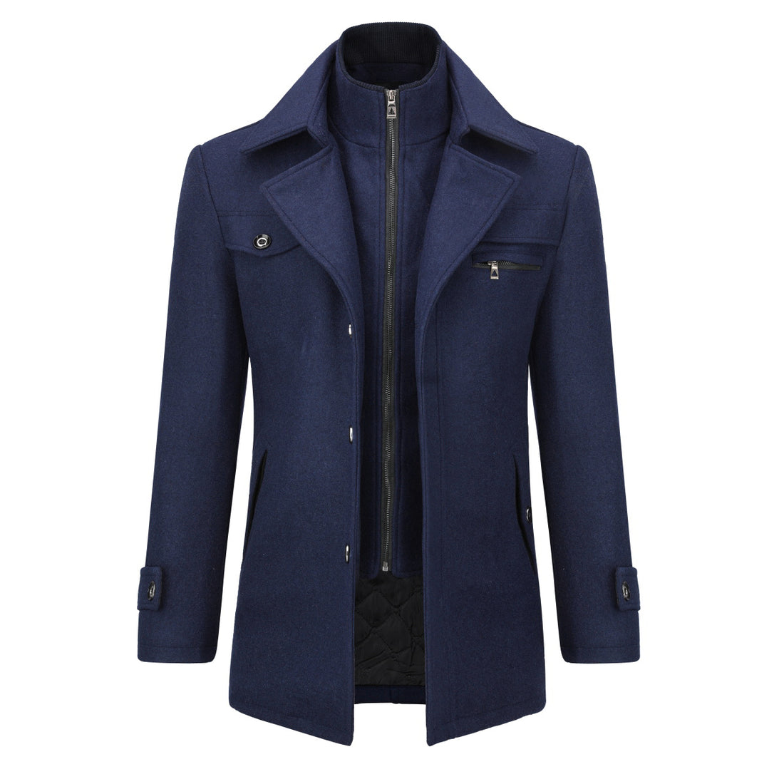 Men’s Solid Color Thick Double-Layer Collar Casual Overcoat Navy
