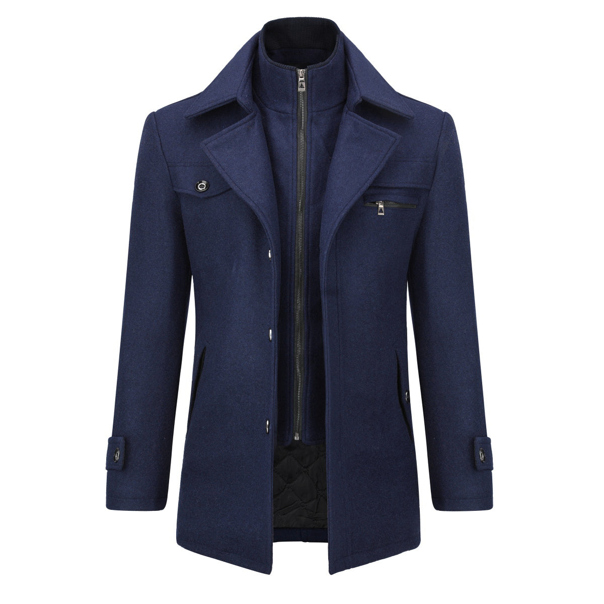Men’s Solid Color Thick Double-Layer Collar Casual Overcoat Navy