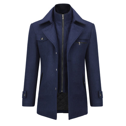 Men’s Solid Color Thick Double-Layer Collar Casual Overcoat Navy