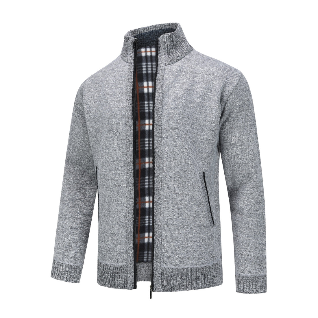 Mens Solid Color Stand Collar Long Sleeve Cardigan Grey
