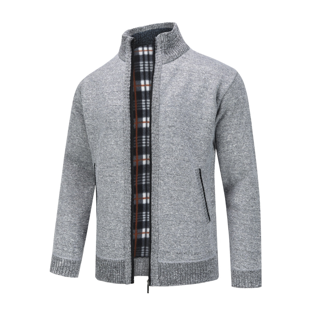 Mens Solid Color Stand Collar Long Sleeve Cardigan Grey
