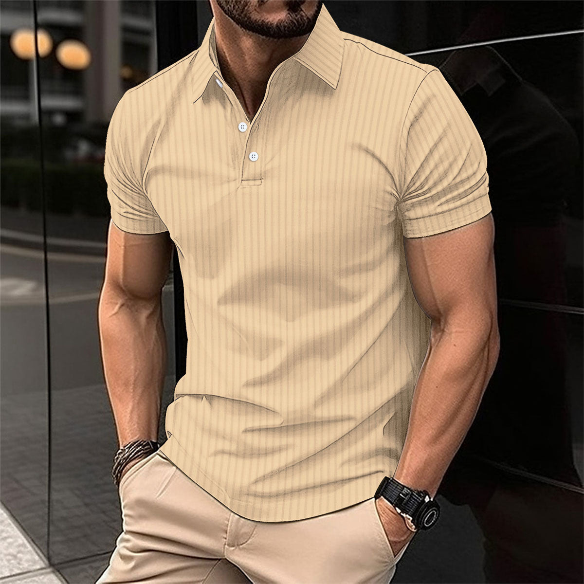 Herren Poloshirt mit Streifenmuster, kurzärmelig, Khaki