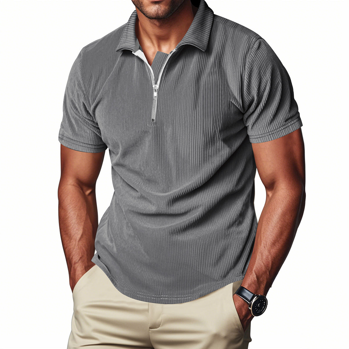 Herren Polo Cord Kurzarm Sommer T-Shirt Grau