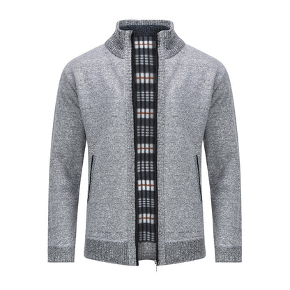 Mens Solid Color Stand Collar Long Sleeve Cardigan Grey