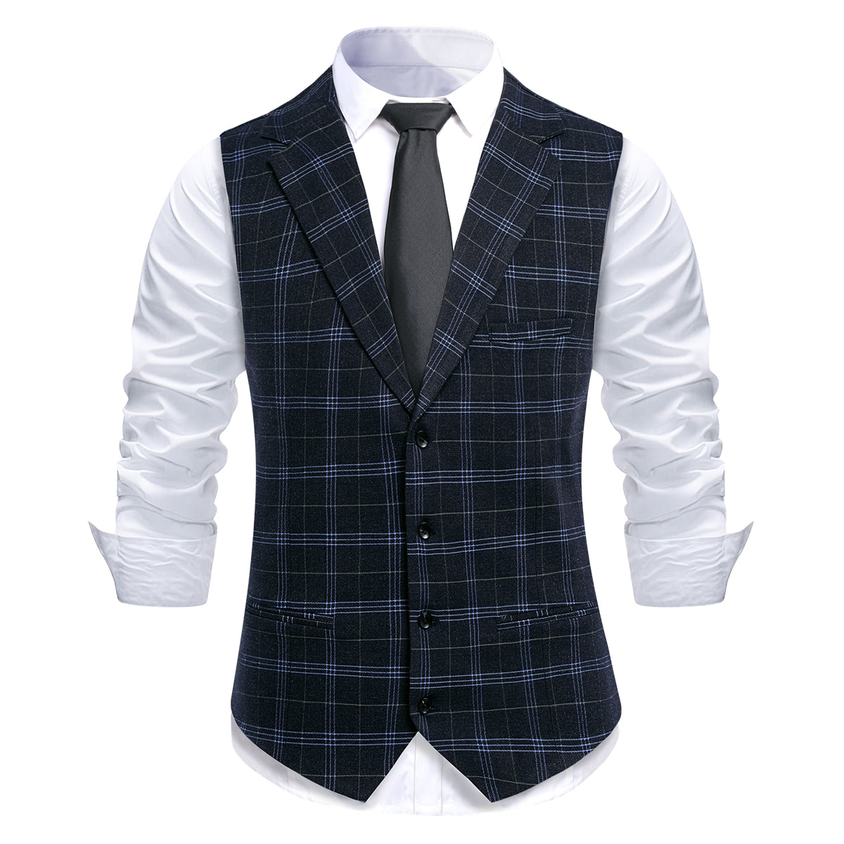 Black Slim Fit Lapel Collar Plaid Single Breasted Vest