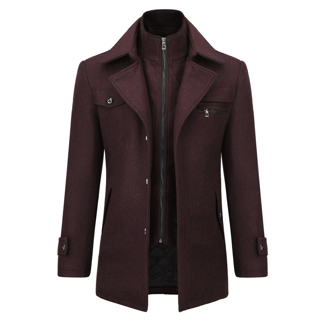 Men’s Solid Color Thick Double-Layer Collar Casual Overcoat Wine Red