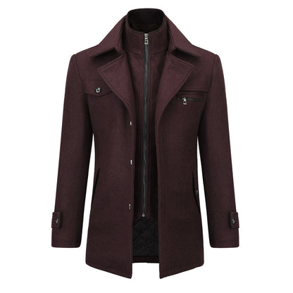 Men’s Solid Color Thick Double-Layer Collar Casual Overcoat Wine Red