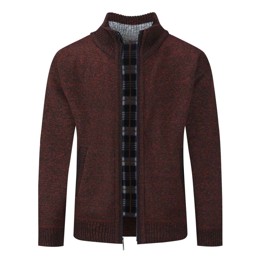 Mens Solid Color Stand Collar Long Sleeve Cardigan Wine Red