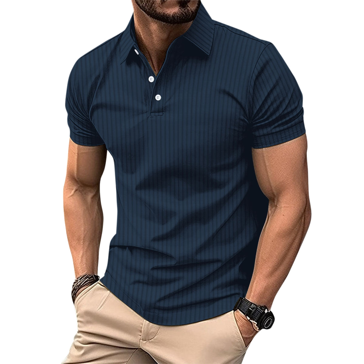 Herren Poloshirt mit Streifenmuster, kurzärmelig, Marineblau