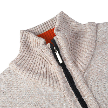 Mens Solid Color Stand Collar Long Sleeve Cardigan Beige