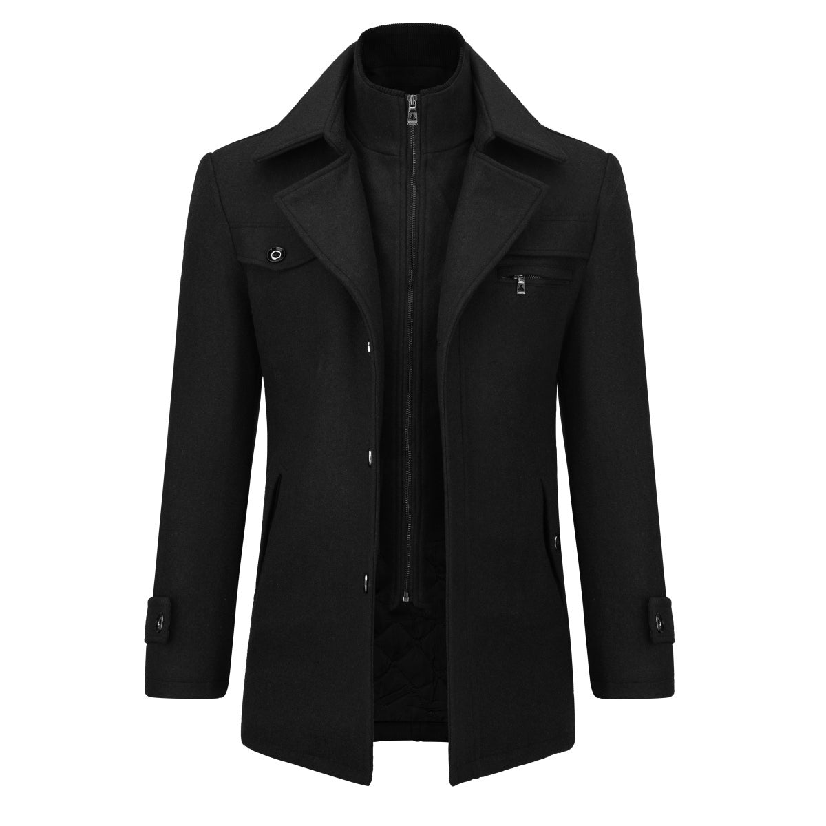 Men’s Solid Color Thick Double-Layer Collar Casual Overcoat Black