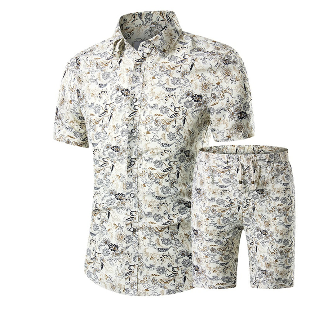 Mens 2-Piece Hawaii Print Style Summer Suit Beige