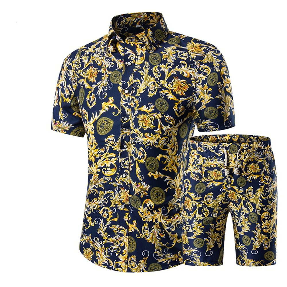 Mens 2-Piece Hawaii Print Style Summer Suit Yellow