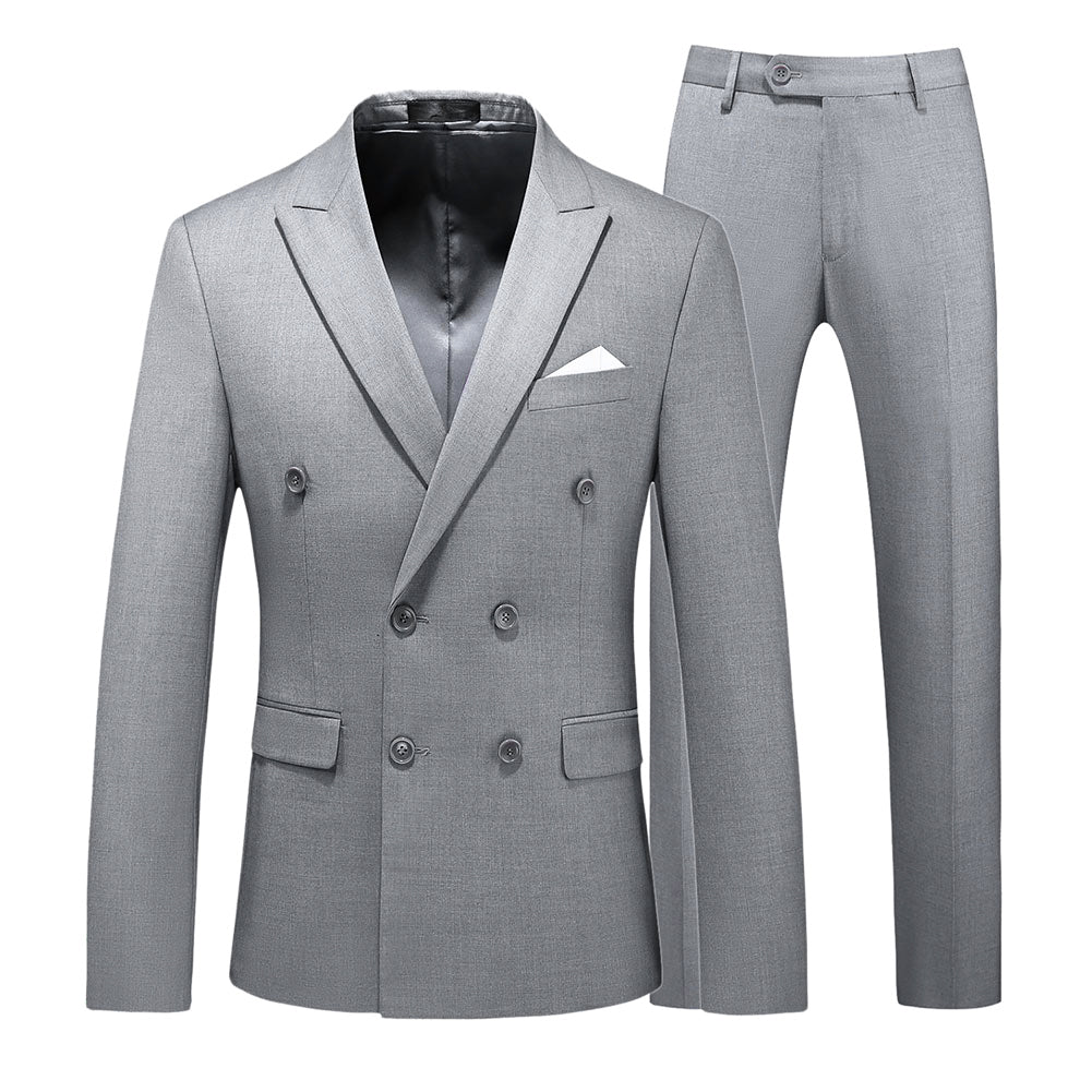 2-Piece Double Breasted Solid Color Grey Suit