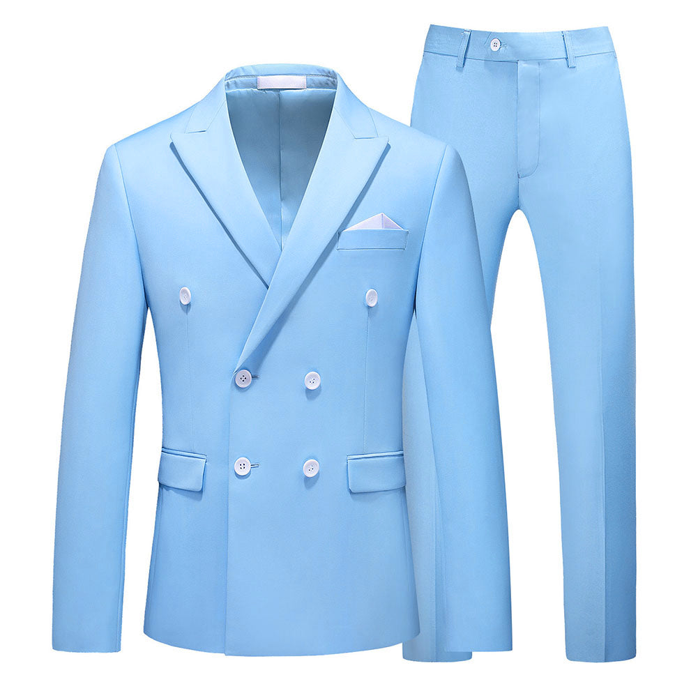 2-Piece Double Breasted Solid Color Light Blue Suit