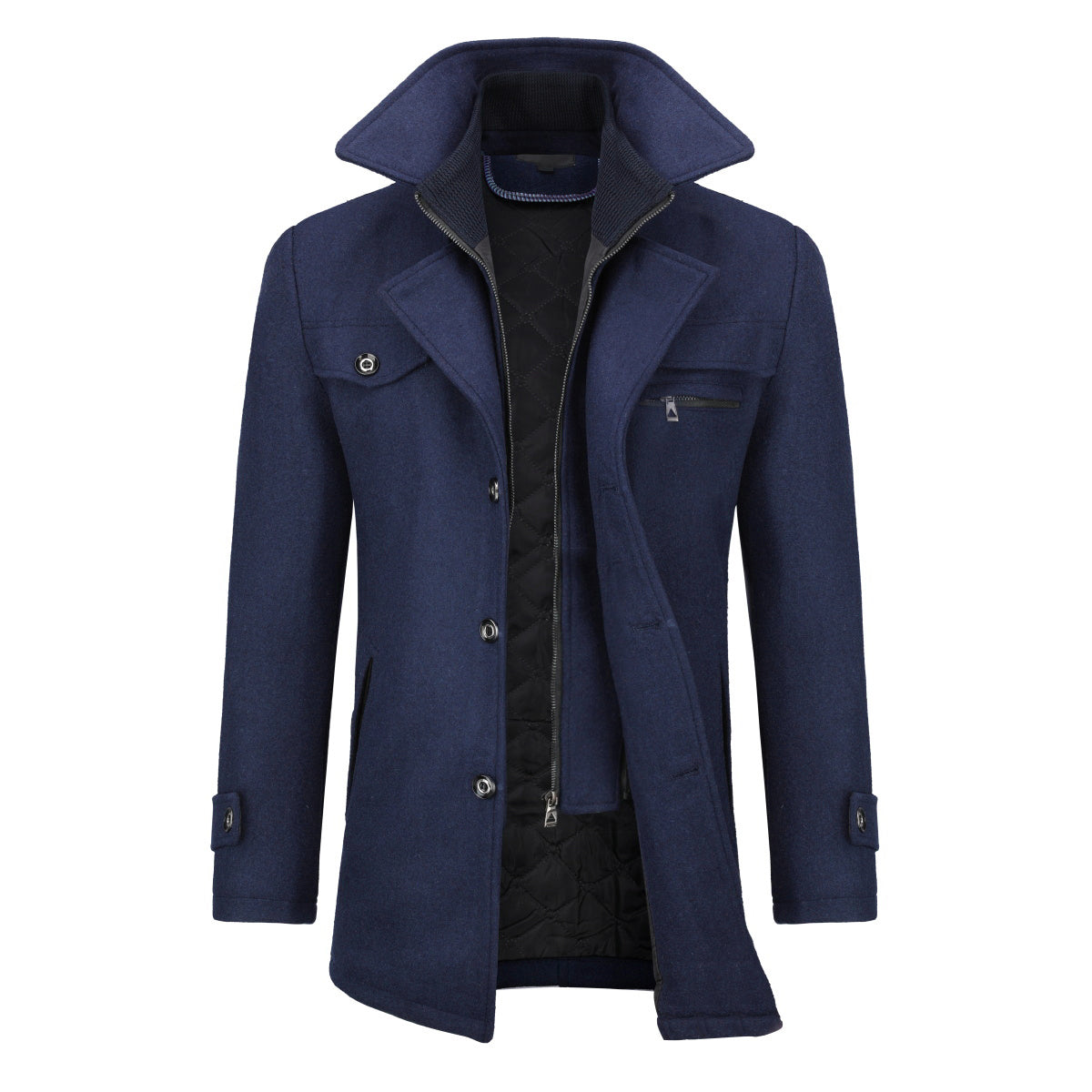 Men’s Solid Color Thick Double-Layer Collar Casual Overcoat Navy
