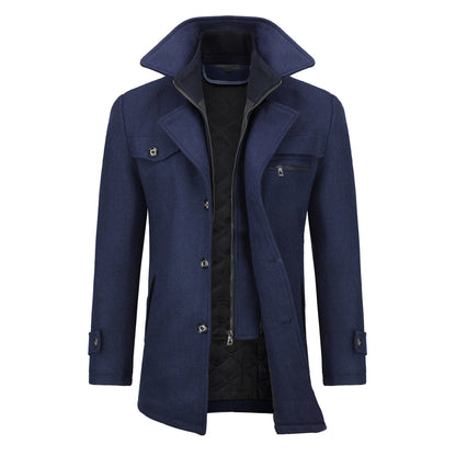 Men’s Solid Color Thick Double-Layer Collar Casual Overcoat Navy