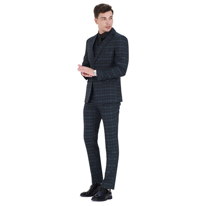 Mens 3-Piece Slim Fit Vintage Plaid Black Suit