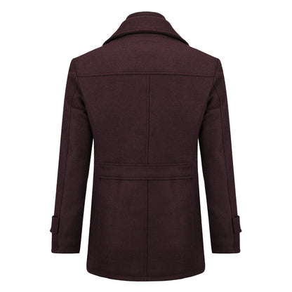 Men’s Solid Color Thick Double-Layer Collar Casual Overcoat Wine Red