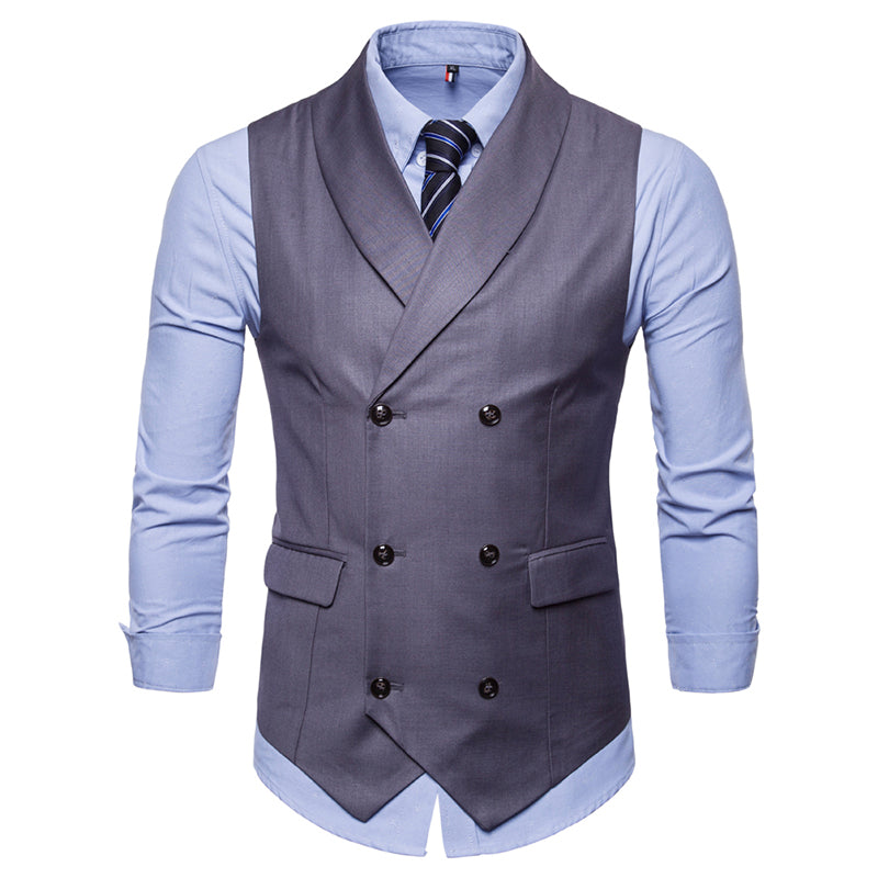 Slim Fit Solid Vest Double Breasted Grey