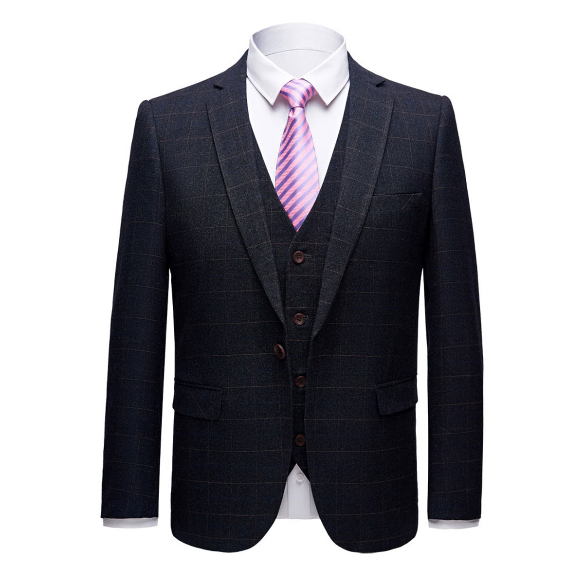 Slim Fit 3-Piece Suit Plaid Grey Suit