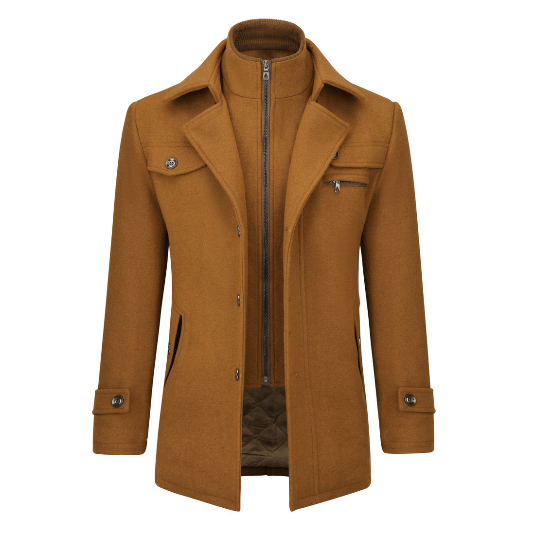 Men’s Solid Color Thick Double-Layer Collar Casual Overcoat Bronze