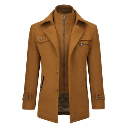 Men’s Solid Color Thick Double-Layer Collar Casual Overcoat Bronze