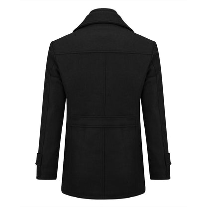 Men’s Solid Color Thick Double-Layer Collar Casual Overcoat Black