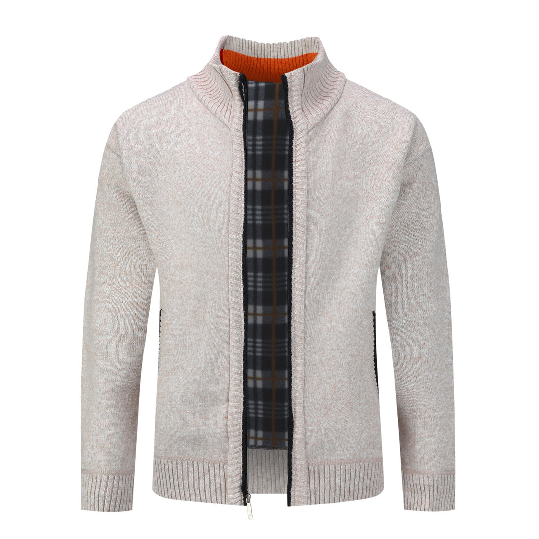 Mens Solid Color Stand Collar Long Sleeve Cardigan Beige