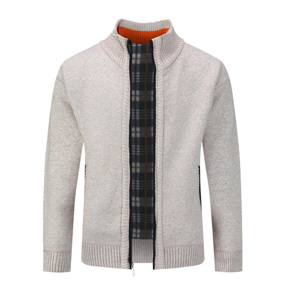 Mens Solid Color Stand Collar Long Sleeve Cardigan Beige