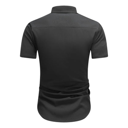 Herren Kurzarm Sommerhemd Regular Fit Leinenhemd Business Schwarz
