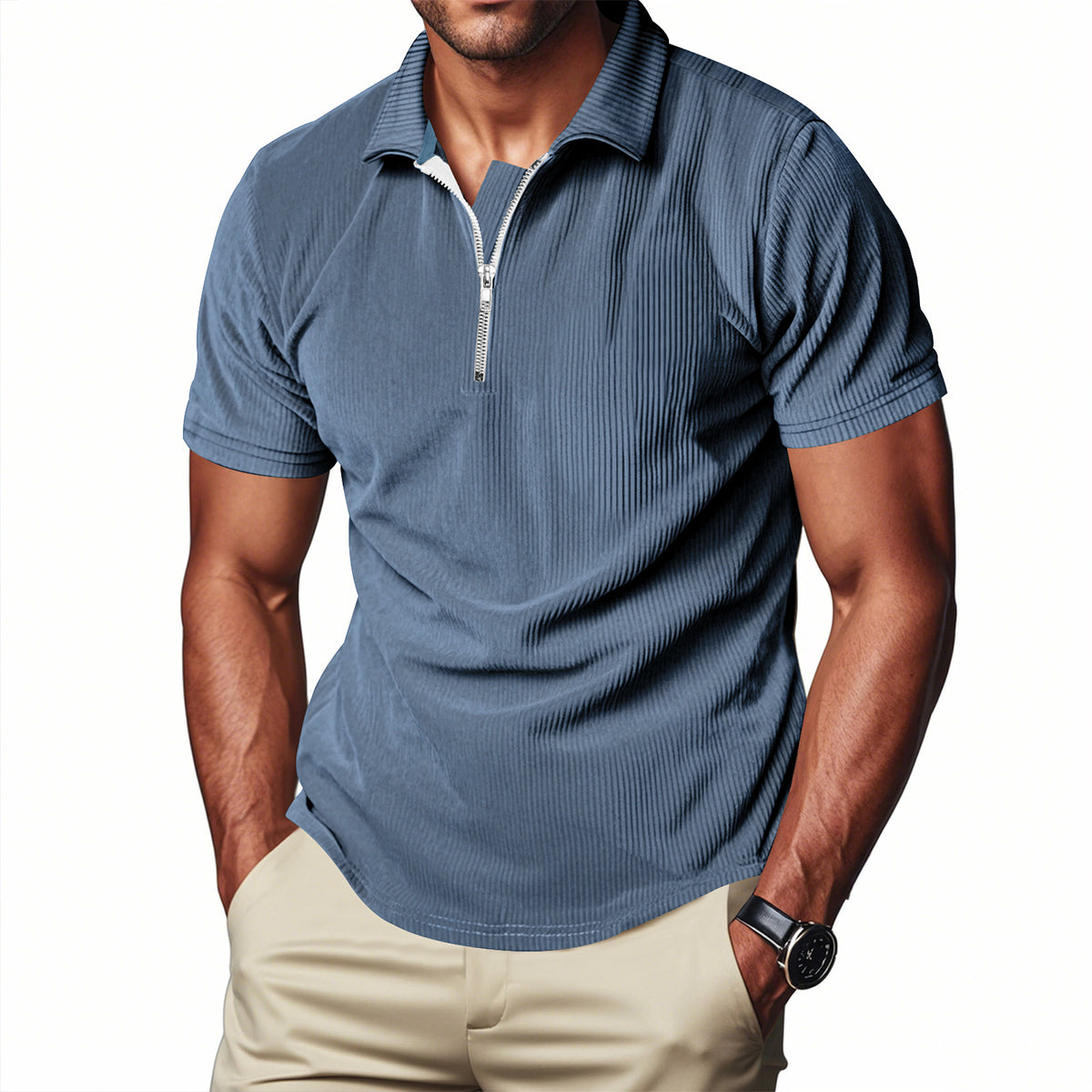 Herren Polo Cord Kurzarm Sommer T-Shirt Denim Blau