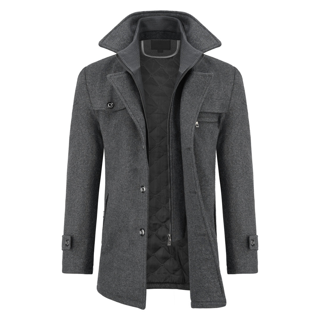 Men’s Solid Color Thick Double-Layer Collar Casual Overcoat Gray