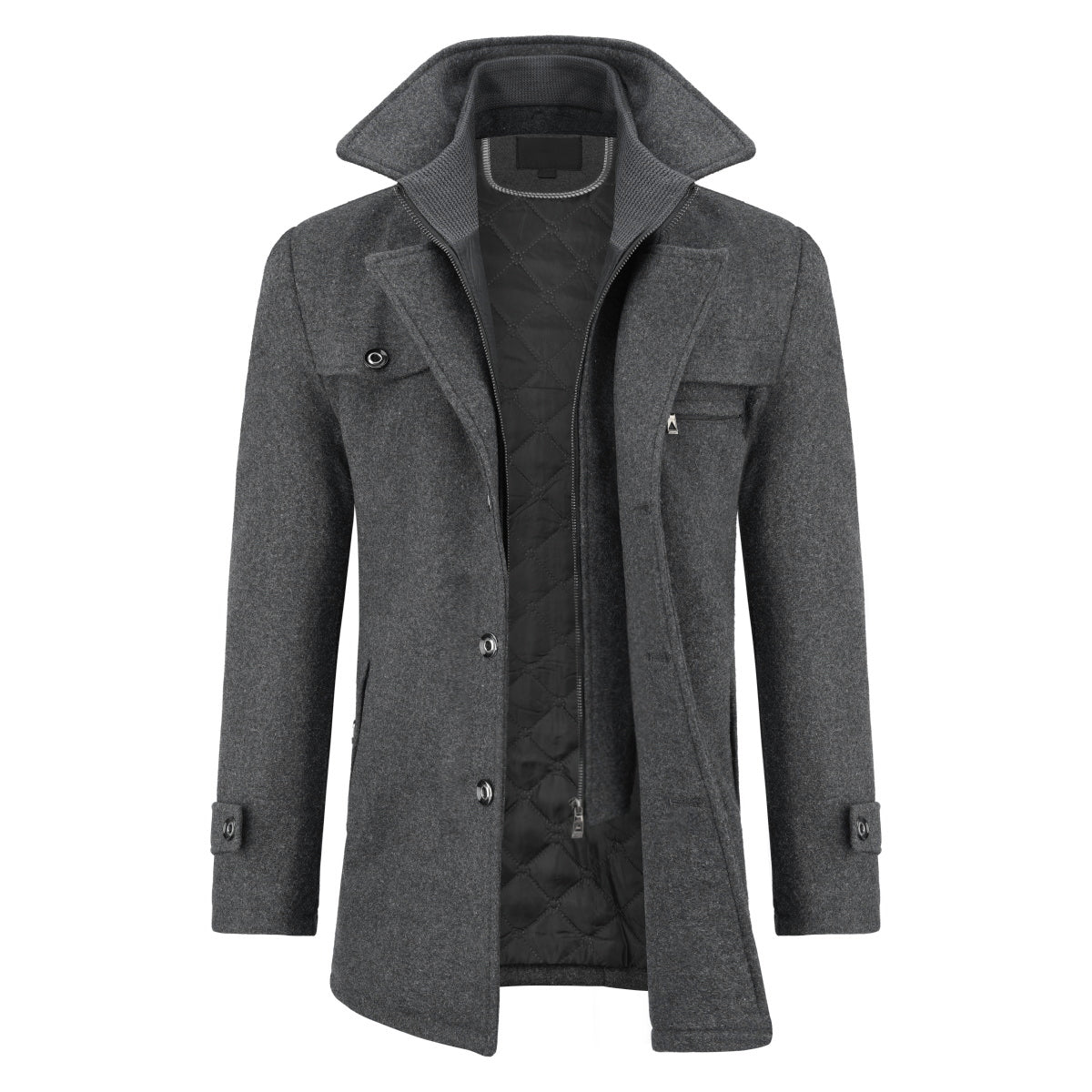 Men’s Solid Color Thick Double-Layer Collar Casual Overcoat Gray